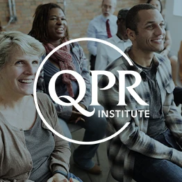 Smiling group of people with the QPR institute logo overlaid