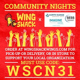 Community Nights advertising flier for Wing Shack with NRBH, Imagine Zero, and SESS