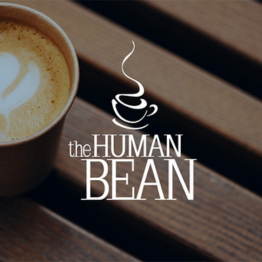 Human bean logo with a coffee cup