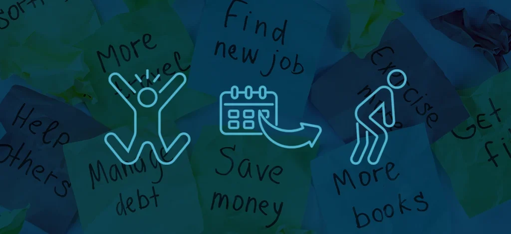 A collection of sticky notes with motivational messages, overlaid with icons of a jumping person, a calendar, and a stressed person